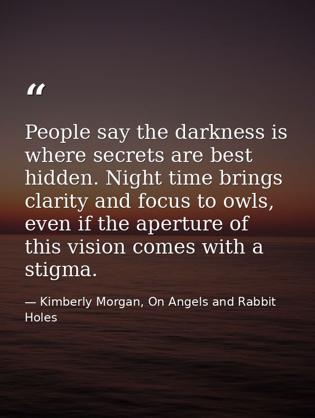 People say the darkness is where secrets are best hidden. Night time brings clarity and focus to owls, even if the apert — Kimberly Morgan, On Angels and Rabbit Holes