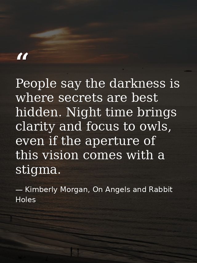 People say the darkness is where secrets are best hidden. Night time brings clarity and focus to owls, even if the apert — Kimberly Morgan, On Angels and Rabbit Holes