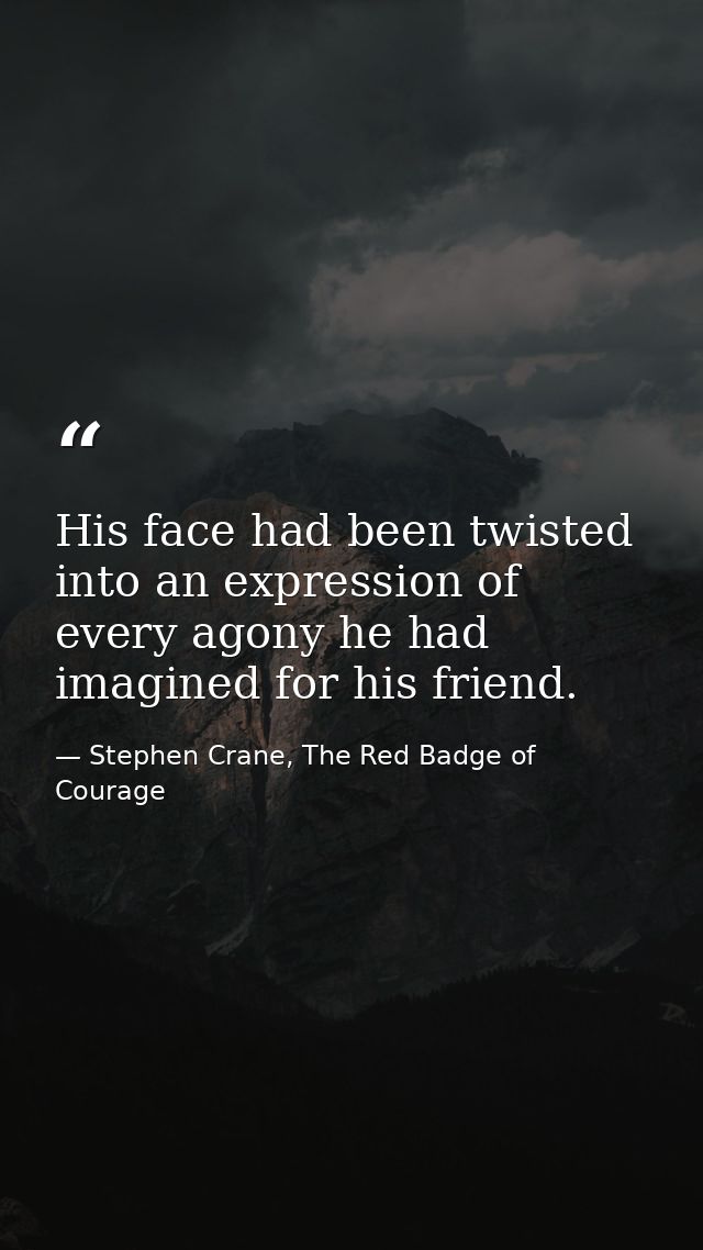 His face had been twisted into an expression of every agony he had imagined for his friend. — Stephen Crane, The Red Badge of Courage