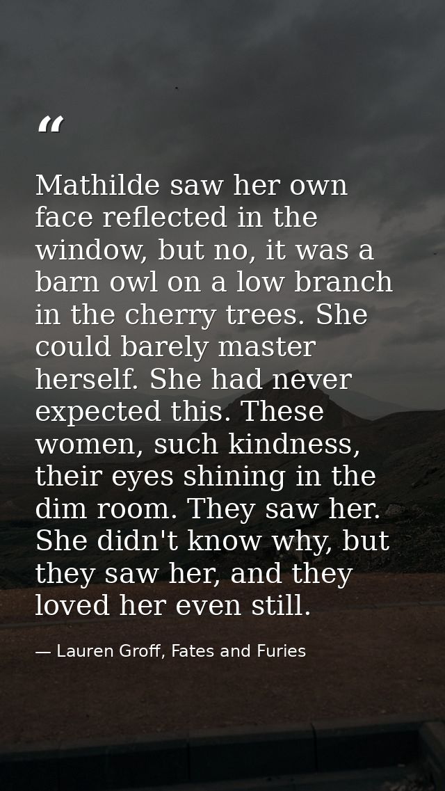 Mathilde saw her own face reflected in the window, but no, it was a barn owl on a low branch in the cherry trees. She co — Lauren Groff, Fates and Furies