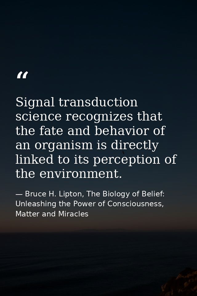 Signal transduction science recognizes that the fate and behavior of an organism is directly linked to its perception of — Bruce H. Lipton, The Biology of Belief: Unleashing the Power of Consciousness, Matter and Miracles