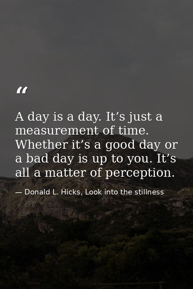 A day is a day. It’s just a measurement of time. Whether it’s a good day or a bad day is up to you. It’s all a matter of — Donald L. Hicks, Look into the stillness
