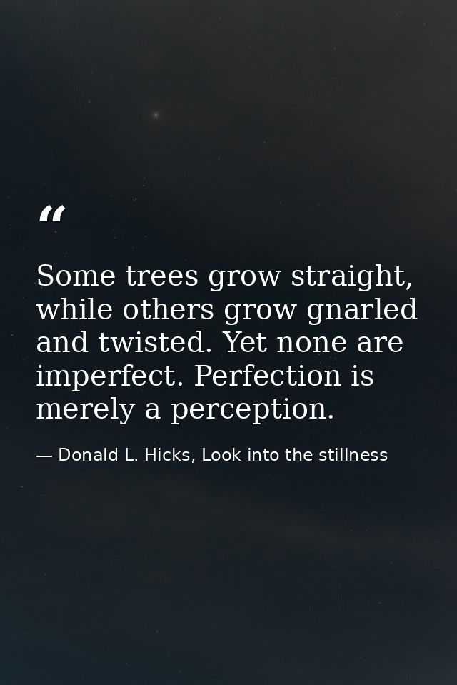 Some trees grow straight, while others grow gnarled and twisted. Yet none are imperfect. Perfection is merely a percepti — Donald L. Hicks, Look into the stillness