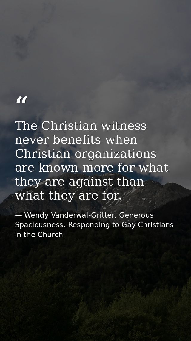 The Christian witness never benefits when Christian organizations are known more for what they are against than what the — Wendy Vanderwal-Gritter, Generous Spaciousness: Responding to Gay Christians in the Church