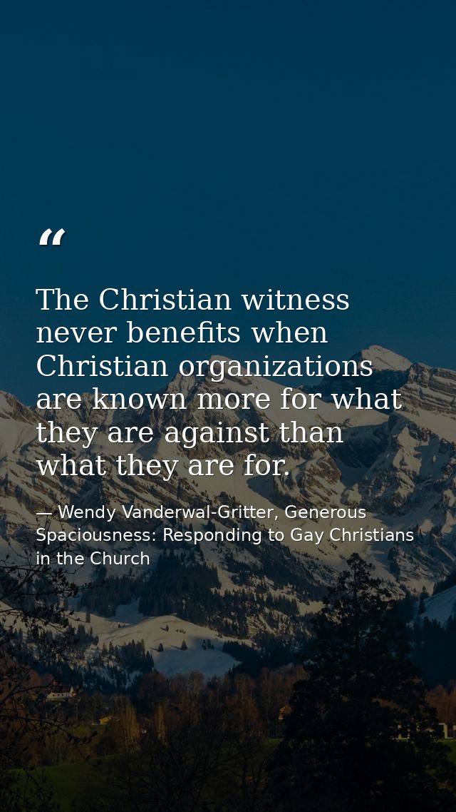 The Christian witness never benefits when Christian organizations are known more for what they are against than what the — Wendy Vanderwal-Gritter, Generous Spaciousness: Responding to Gay Christians in the Church