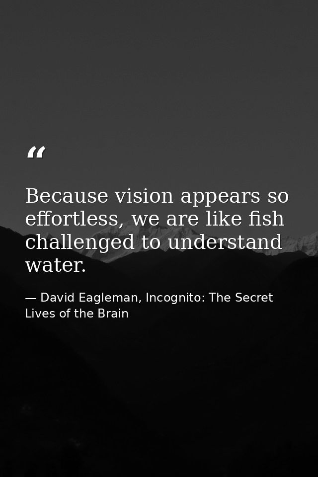 Because vision appears so effortless, we are like fish challenged to understand water. — David Eagleman, Incognito: The Secret Lives of the Brain