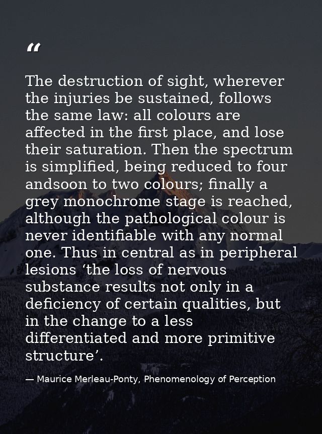 The destruction of sight, wherever the injuries be sustained, follows the same law: all colours are aﬀected in the ﬁrst  — Maurice Merleau-Ponty, Phenomenology of Perception
