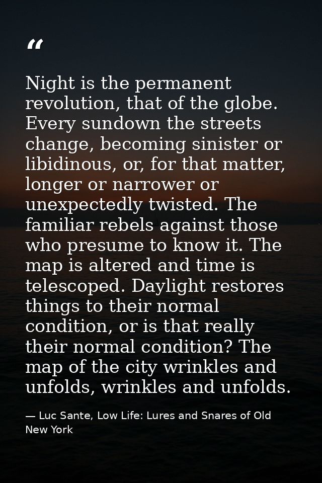 Night is the permanent revolution, that of the globe. Every sundown the streets change, becoming sinister or libidinous, — Luc Sante, Low Life: Lures and Snares of Old New York