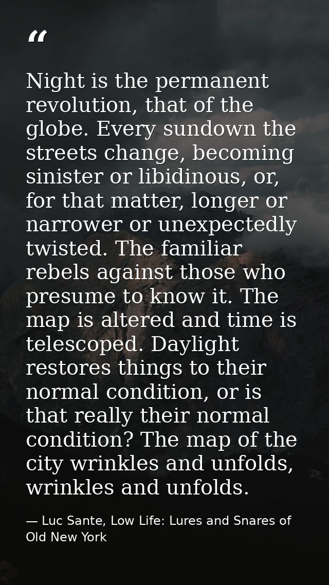 Night is the permanent revolution, that of the globe. Every sundown the streets change, becoming sinister or libidinous, — Luc Sante, Low Life: Lures and Snares of Old New York