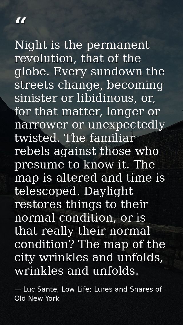 Night is the permanent revolution, that of the globe. Every sundown the streets change, becoming sinister or libidinous, — Luc Sante, Low Life: Lures and Snares of Old New York