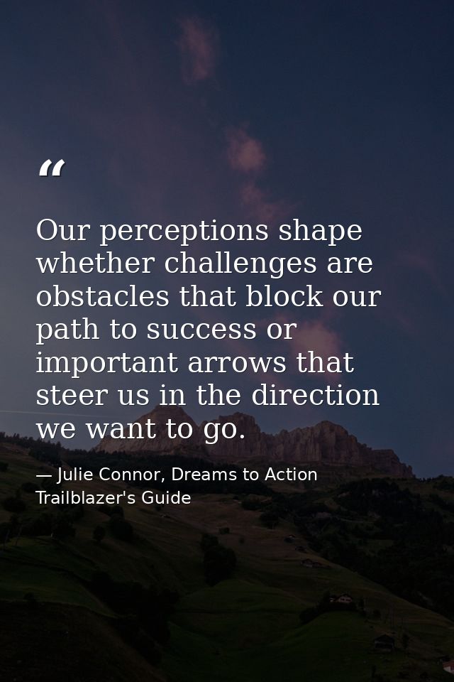 Our perceptions shape whether challenges are obstacles that block our path to success or important arrows that steer us  — Julie Connor, Dreams to Action Trailblazer's Guide