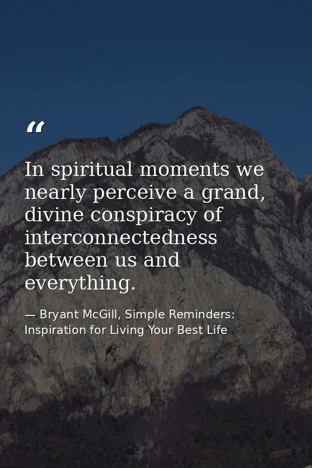 In spiritual moments we nearly perceive a grand, divine conspiracy of interconnectedness between us and everything. — Bryant McGill, Simple Reminders: Inspiration for Living Your Best Life