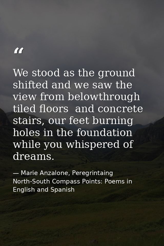 We stood as the ground shifted and we saw the view from belowthrough tiled floors  and concrete stairs, our feet burning — Marie Anzalone, Peregrintaing North-South Compass Points: Poems in English and Spanish