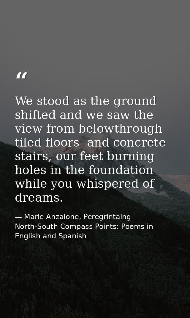 We stood as the ground shifted and we saw the view from belowthrough tiled floors  and concrete stairs, our feet burning — Marie Anzalone, Peregrintaing North-South Compass Points: Poems in English and Spanish