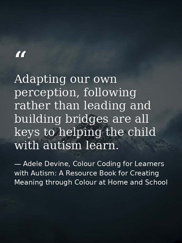 Adapting our own perception, following rather than leading and building bridges are all keys to helping the child with a — Adele Devine, Colour Coding for Learners with Autism: A Resource Book for Creating Meaning through Colour at Home and School