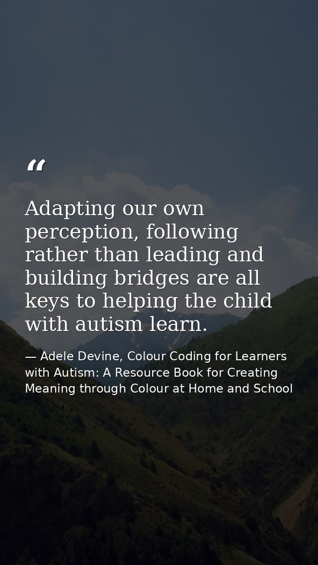 Adapting our own perception, following rather than leading and building bridges are all keys to helping the child with a — Adele Devine, Colour Coding for Learners with Autism: A Resource Book for Creating Meaning through Colour at Home and School