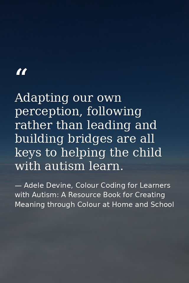 Adapting our own perception, following rather than leading and building bridges are all keys to helping the child with a — Adele Devine, Colour Coding for Learners with Autism: A Resource Book for Creating Meaning through Colour at Home and School