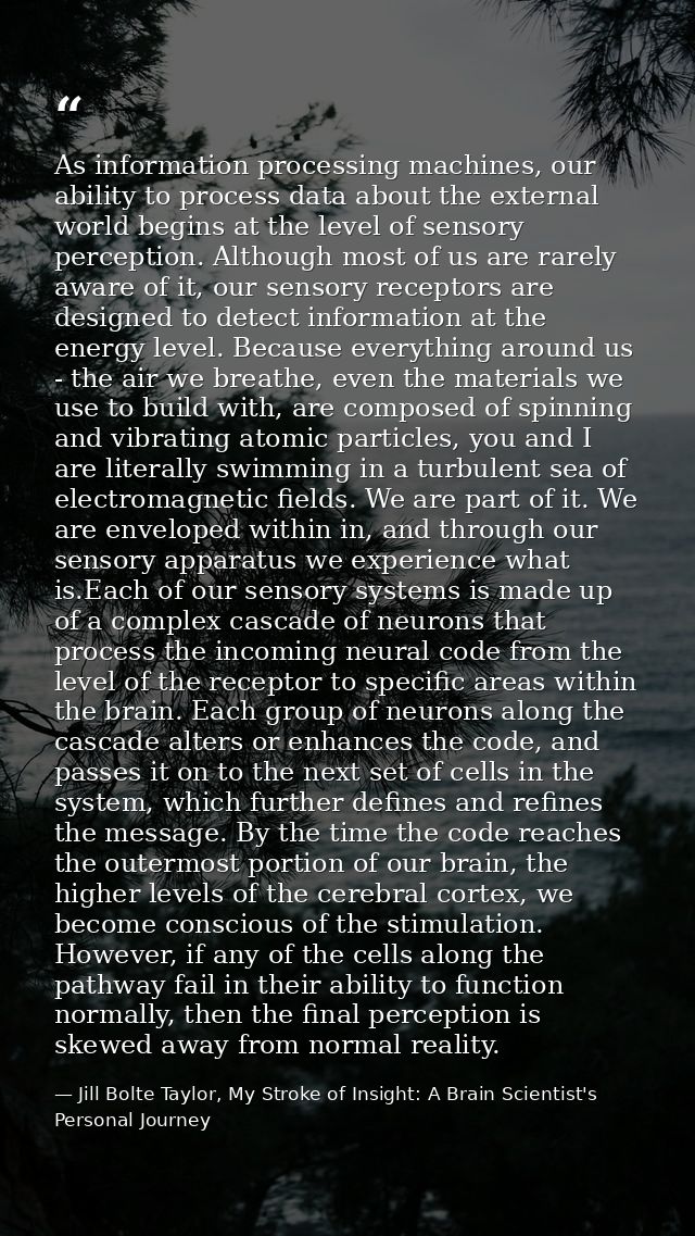As information processing machines, our ability to process data about the external world begins at the level of sensory  — Jill Bolte Taylor, My Stroke of Insight: A Brain Scientist's Personal Journey
