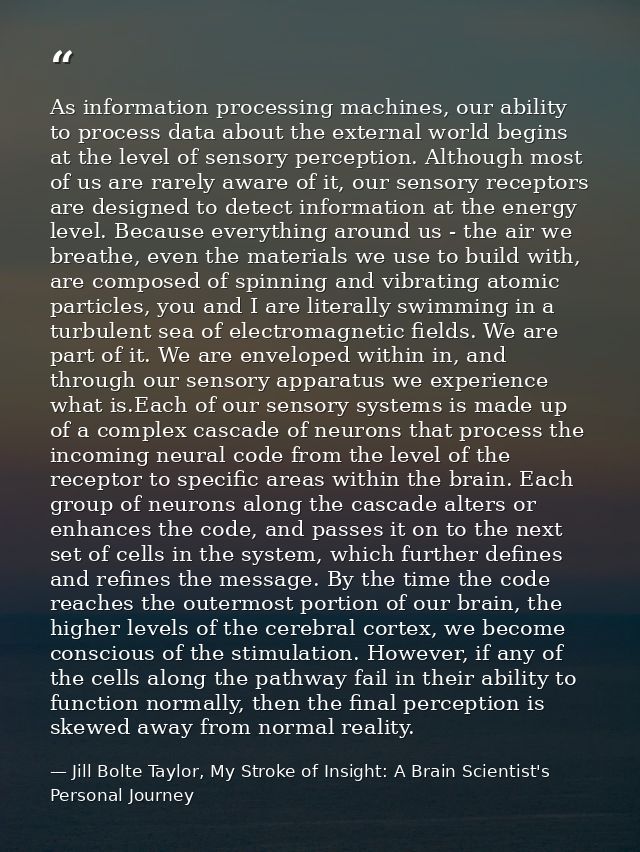 As information processing machines, our ability to process data about the external world begins at the level of sensory  — Jill Bolte Taylor, My Stroke of Insight: A Brain Scientist's Personal Journey