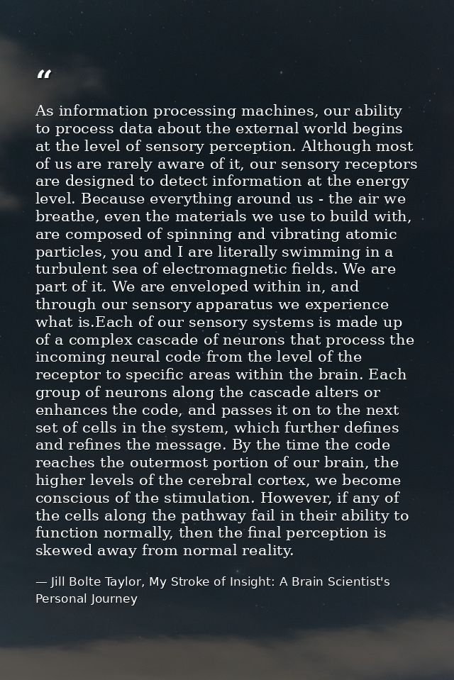 As information processing machines, our ability to process data about the external world begins at the level of sensory  — Jill Bolte Taylor, My Stroke of Insight: A Brain Scientist's Personal Journey