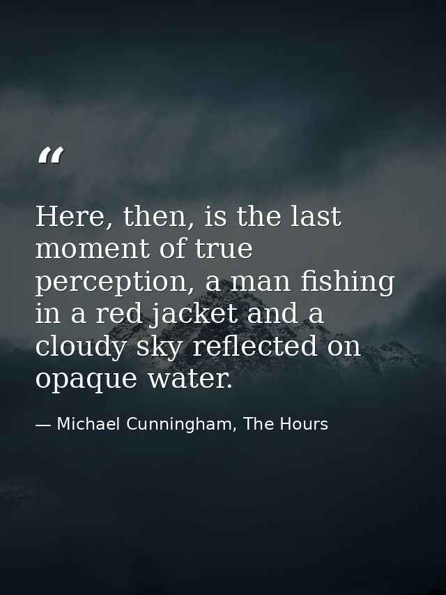 Here, then, is the last moment of true perception, a man fishing in a red jacket and a cloudy sky reflected on opaque wa — Michael Cunningham, The Hours