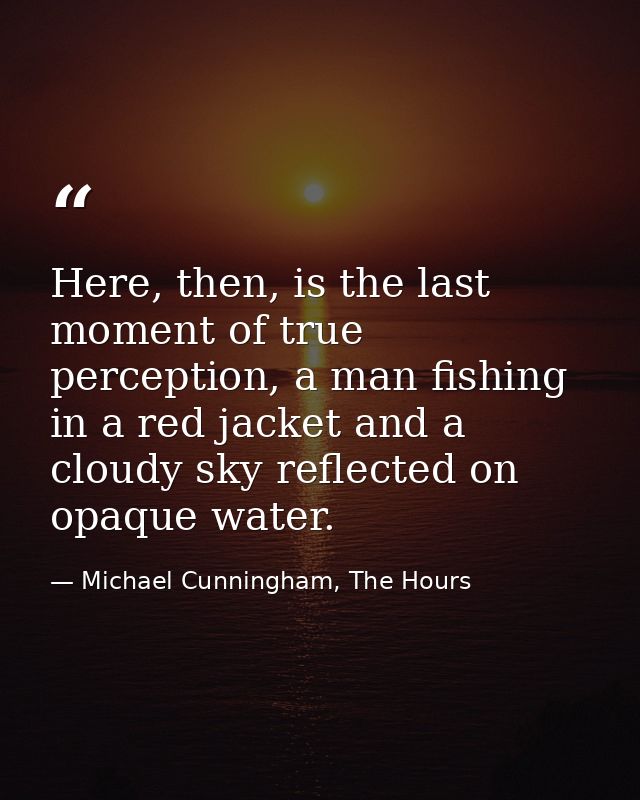 Here, then, is the last moment of true perception, a man fishing in a red jacket and a cloudy sky reflected on opaque wa — Michael Cunningham, The Hours