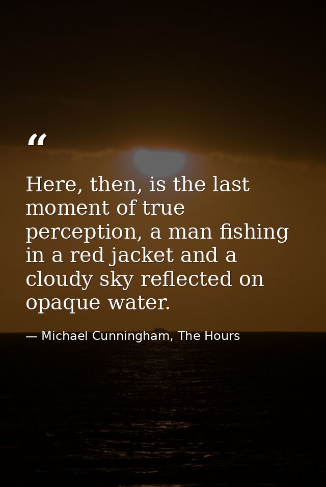 Here, then, is the last moment of true perception, a man fishing in a red jacket and a cloudy sky reflected on opaque wa — Michael Cunningham, The Hours