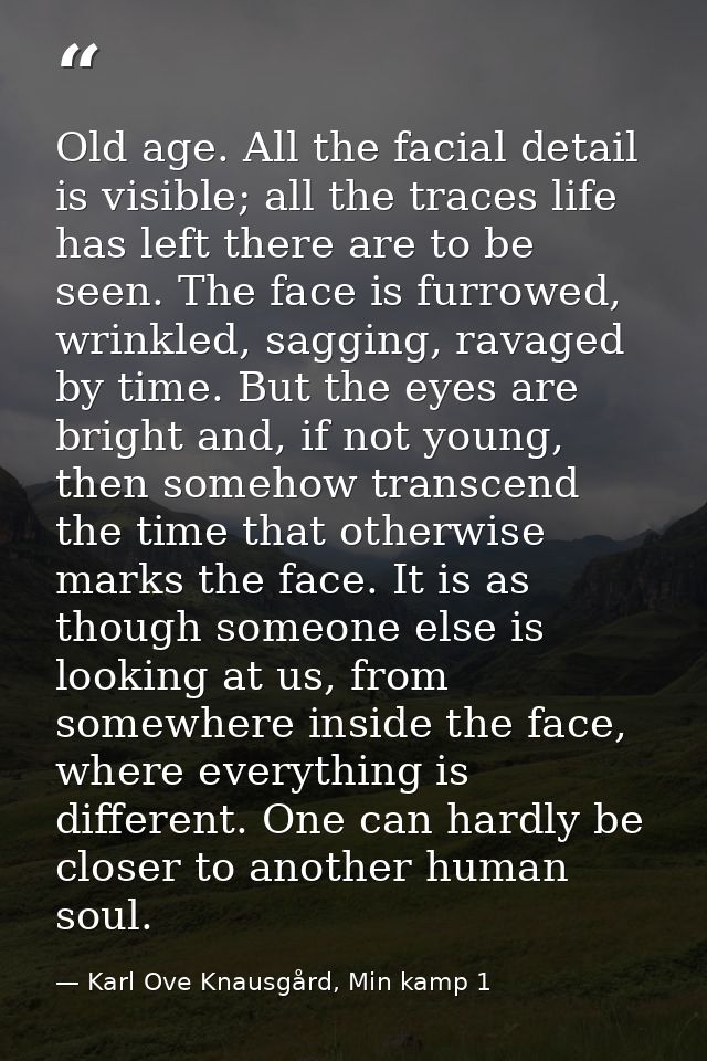 Old age. All the facial detail is visible; all the traces life has left there are to be seen. The face is furrowed, wrin — Karl Ove Knausgård, Min kamp 1