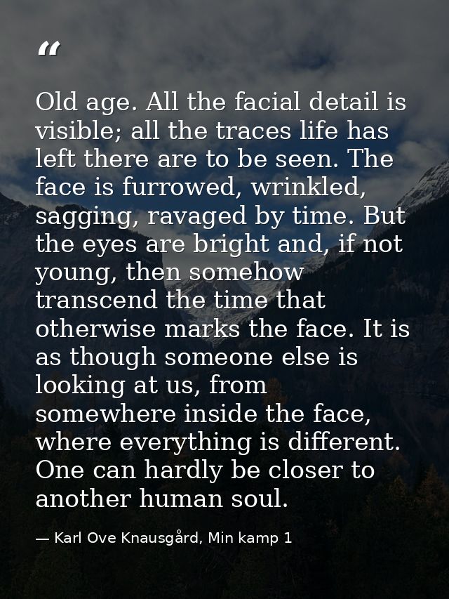 Old age. All the facial detail is visible; all the traces life has left there are to be seen. The face is furrowed, wrin — Karl Ove Knausgård, Min kamp 1