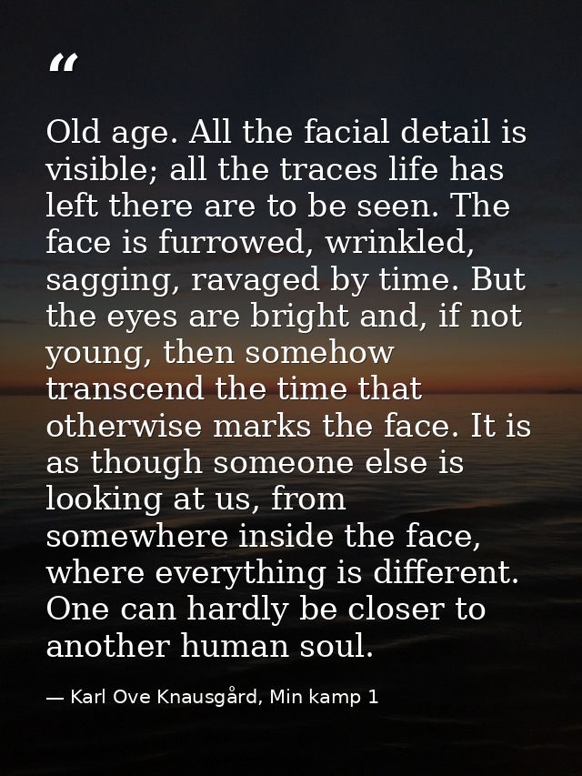 Old age. All the facial detail is visible; all the traces life has left there are to be seen. The face is furrowed, wrin — Karl Ove Knausgård, Min kamp 1