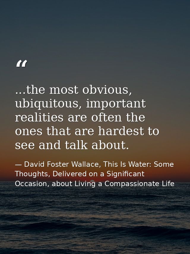 ...the most obvious, ubiquitous, important realities are often the ones that are hardest to see and talk about. — David Foster Wallace, This Is Water: Some Thoughts, Delivered on a Significant Occasion, about Living a Compassionate Life