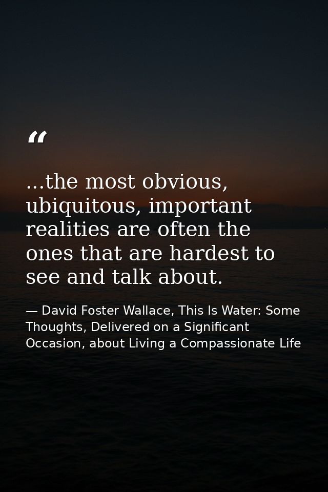 ...the most obvious, ubiquitous, important realities are often the ones that are hardest to see and talk about. — David Foster Wallace, This Is Water: Some Thoughts, Delivered on a Significant Occasion, about Living a Compassionate Life