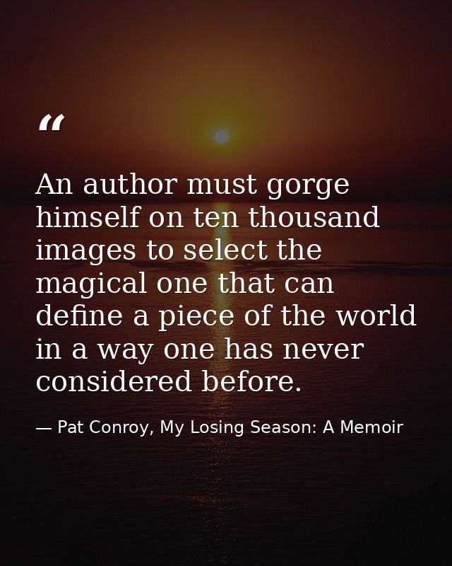 An author must gorge himself on ten thousand images to select the magical one that can define a piece of the world in a  — Pat Conroy, My Losing Season: A Memoir