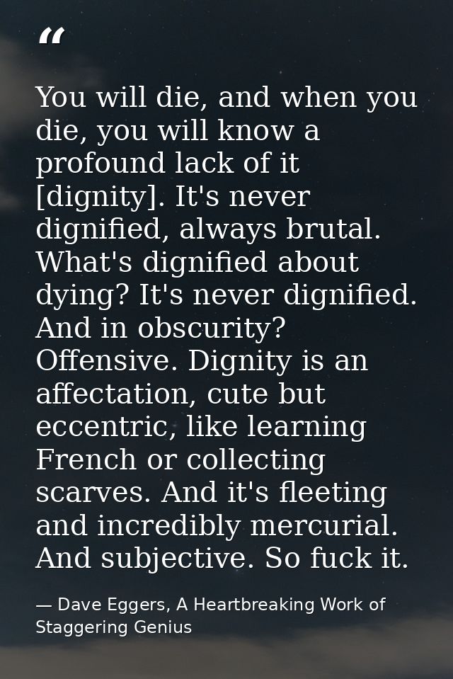 You will die, and when you die, you will know a profound lack of it [dignity]. It's never dignified, always brutal. What — Dave Eggers, A Heartbreaking Work of Staggering Genius