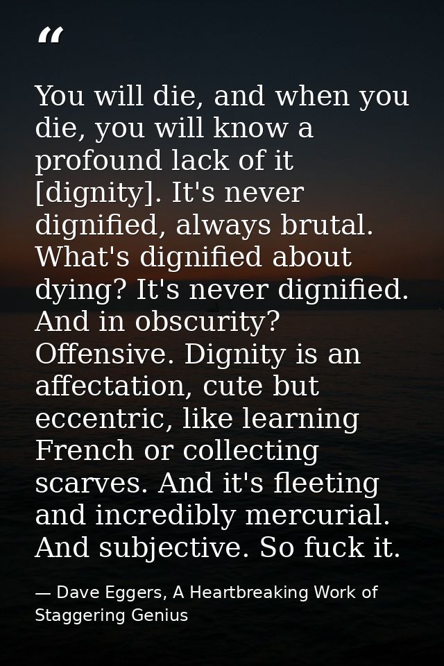 You will die, and when you die, you will know a profound lack of it [dignity]. It's never dignified, always brutal. What — Dave Eggers, A Heartbreaking Work of Staggering Genius