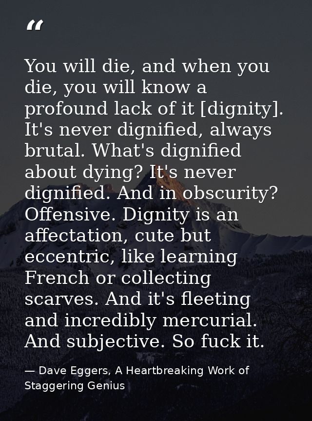 You will die, and when you die, you will know a profound lack of it [dignity]. It's never dignified, always brutal. What — Dave Eggers, A Heartbreaking Work of Staggering Genius