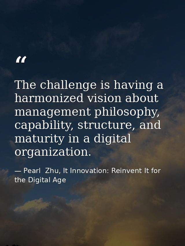 The challenge is having a harmonized vision about management philosophy, capability, structure, and maturity in a digita — Pearl  Zhu, It Innovation: Reinvent It for the Digital Age
