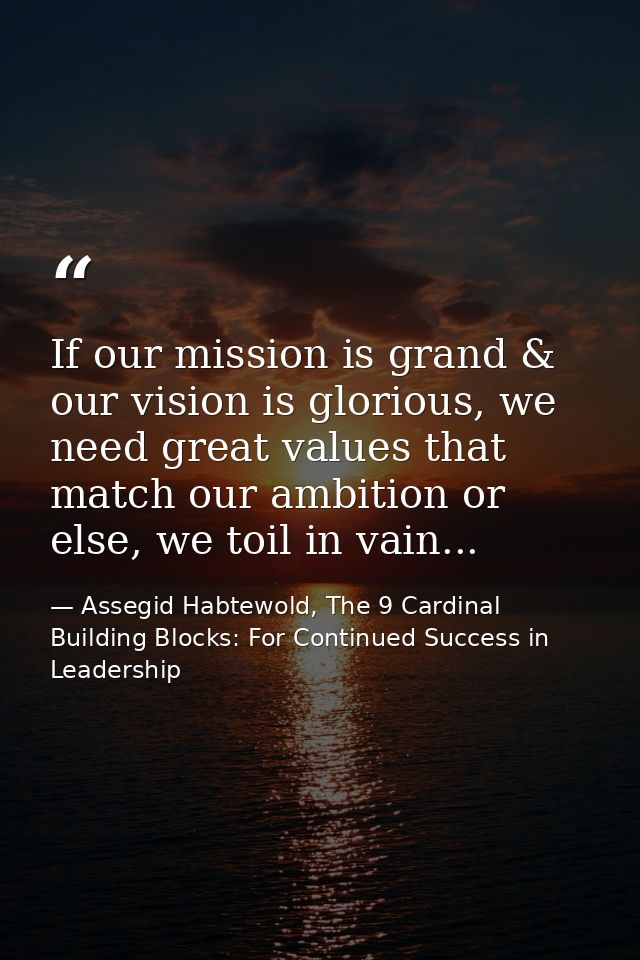 If our mission is grand & our vision is glorious, we need great values that match our ambition or else, we toil in vain. — Assegid Habtewold, The 9 Cardinal Building Blocks: For Continued Success in Leadership