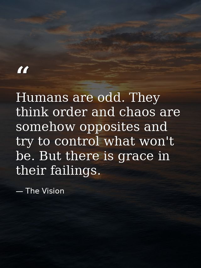 Humans are odd. They think order and chaos are somehow opposites and try to control what won't be. But there is grace in — The Vision