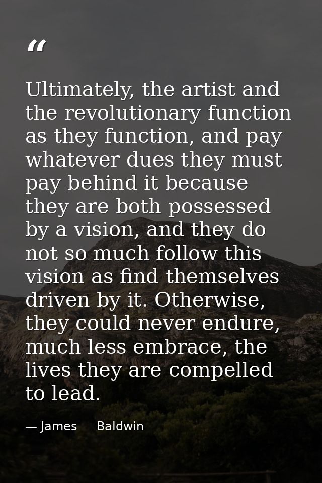 Ultimately, the artist and the revolutionary function as they function, and pay whatever dues they must pay behind it be — James     Baldwin