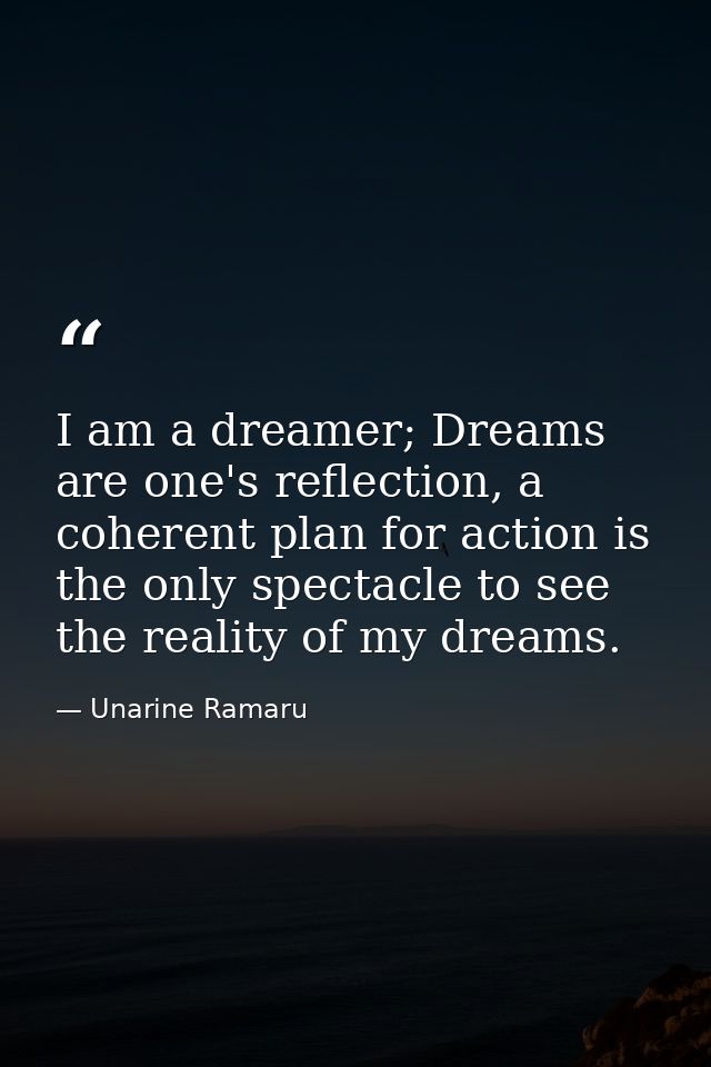 I am a dreamer; Dreams are one's reflection, a coherent plan for action is the only spectacle to see the reality of my d — Unarine Ramaru