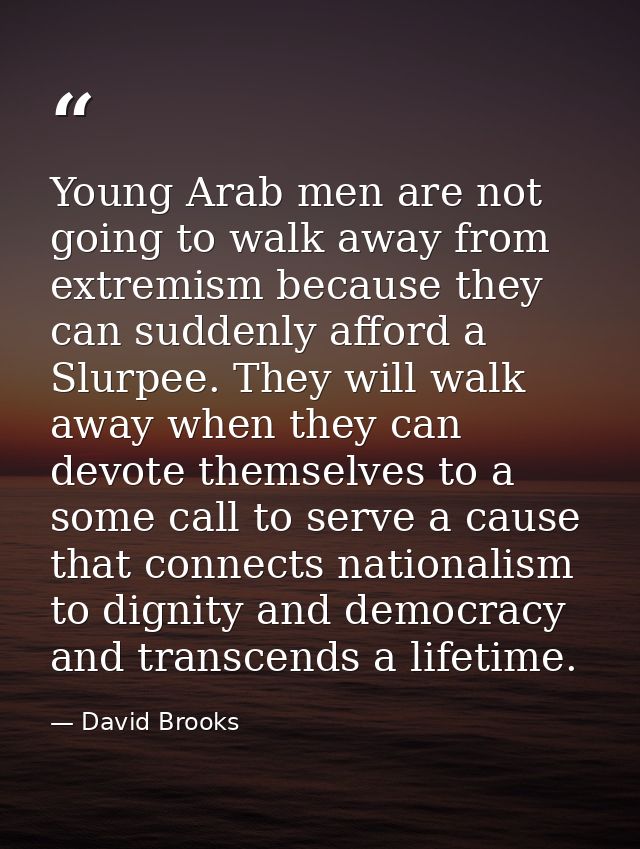 Young Arab men are not going to walk away from extremism because they can suddenly afford a Slurpee. They will walk away — David Brooks