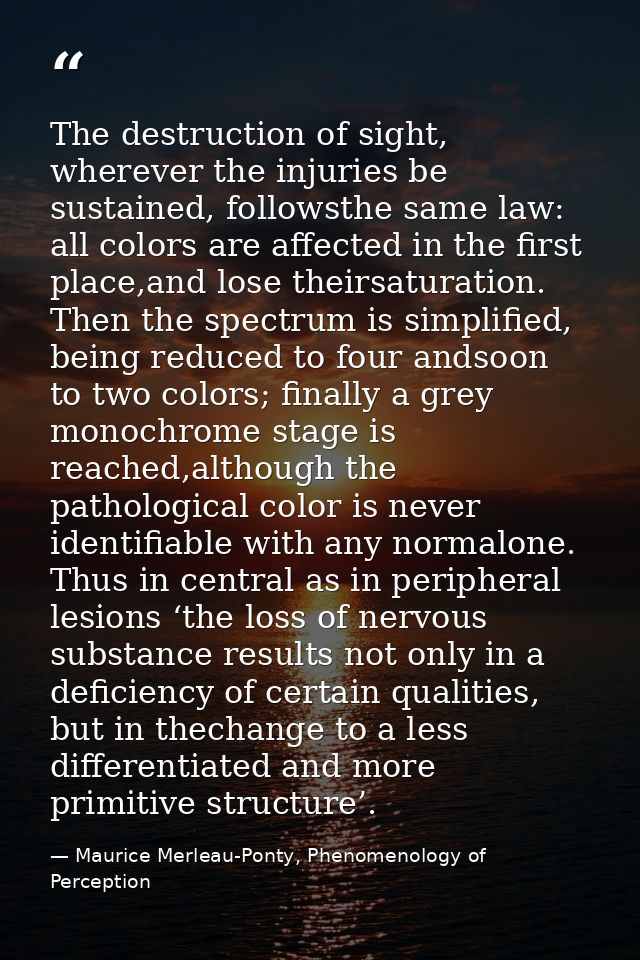 The destruction of sight, wherever the injuries be sustained, followsthe same law: all colors are aﬀected in the ﬁrst pl — Maurice Merleau-Ponty, Phenomenology of Perception