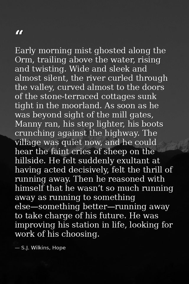 Early morning mist ghosted along the Orm, trailing above the water, rising and twisting. Wide and sleek and almost silen — S.J. Wilkins, Hope
