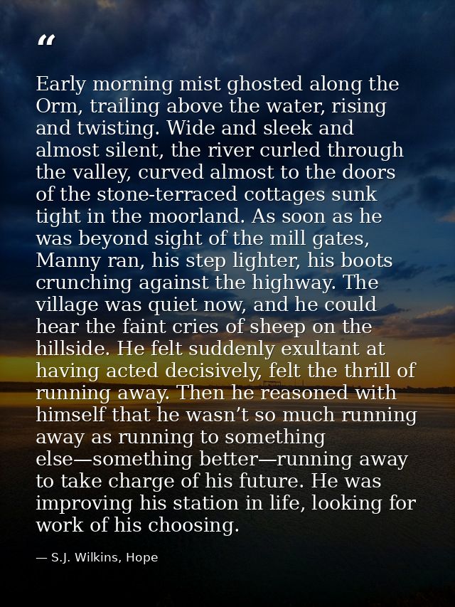 Early morning mist ghosted along the Orm, trailing above the water, rising and twisting. Wide and sleek and almost silen — S.J. Wilkins, Hope