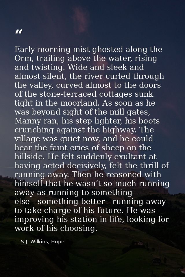 Early morning mist ghosted along the Orm, trailing above the water, rising and twisting. Wide and sleek and almost silen — S.J. Wilkins, Hope