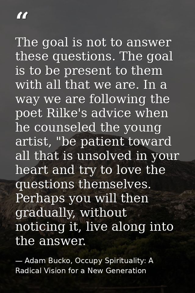 The goal is not to answer these questions. The goal is to be present to them with all that we are. In a way we are follo — Adam Bucko, Occupy Spirituality: A Radical Vision for a New Generation