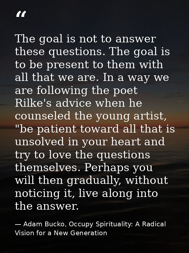 The goal is not to answer these questions. The goal is to be present to them with all that we are. In a way we are follo — Adam Bucko, Occupy Spirituality: A Radical Vision for a New Generation