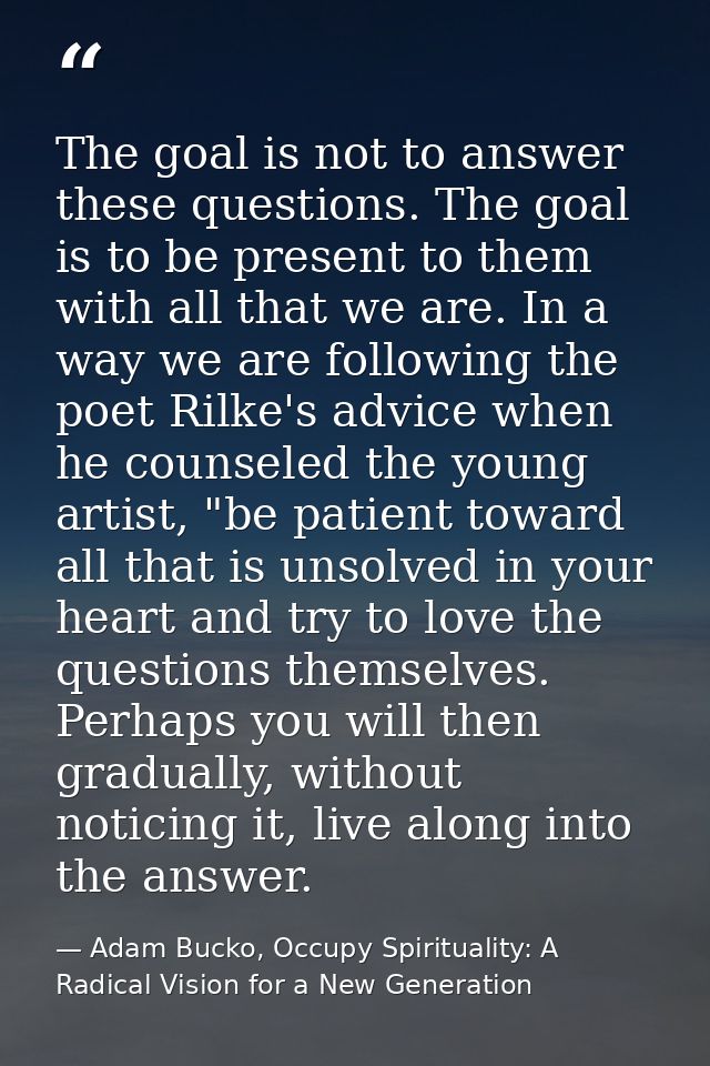The goal is not to answer these questions. The goal is to be present to them with all that we are. In a way we are follo — Adam Bucko, Occupy Spirituality: A Radical Vision for a New Generation