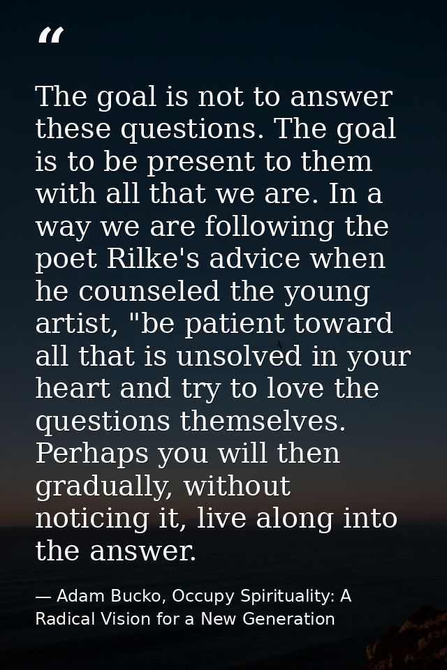 The goal is not to answer these questions. The goal is to be present to them with all that we are. In a way we are follo — Adam Bucko, Occupy Spirituality: A Radical Vision for a New Generation